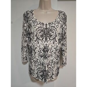 Talbots Size S Ecru Black Cotton Blend Lightweight Scoop Neck Pullover Sweater